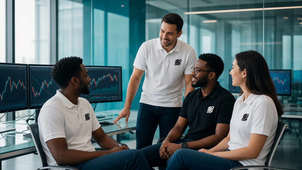 QUSXFI education floor — analysts in branded polos