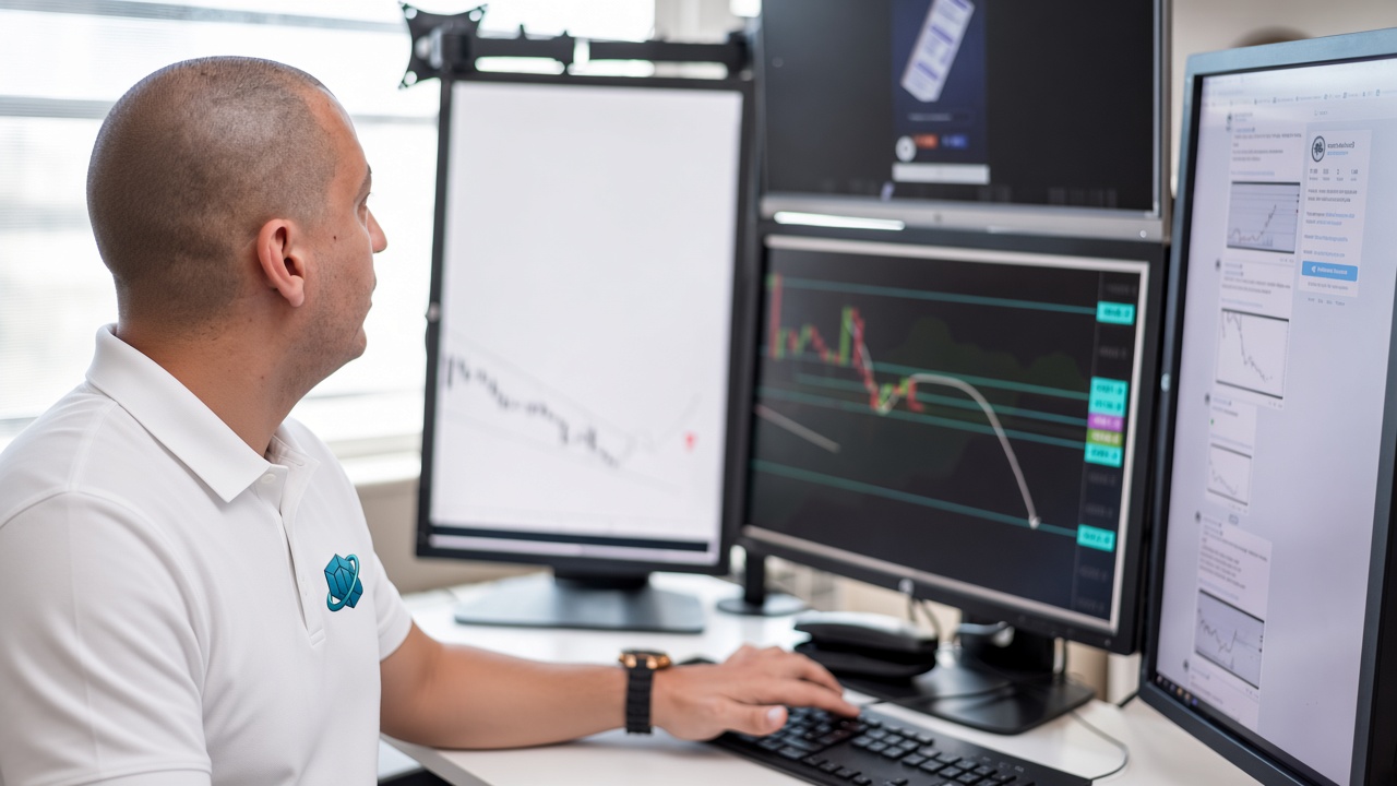 QUSXFI trading desk — analyst reviewing charts